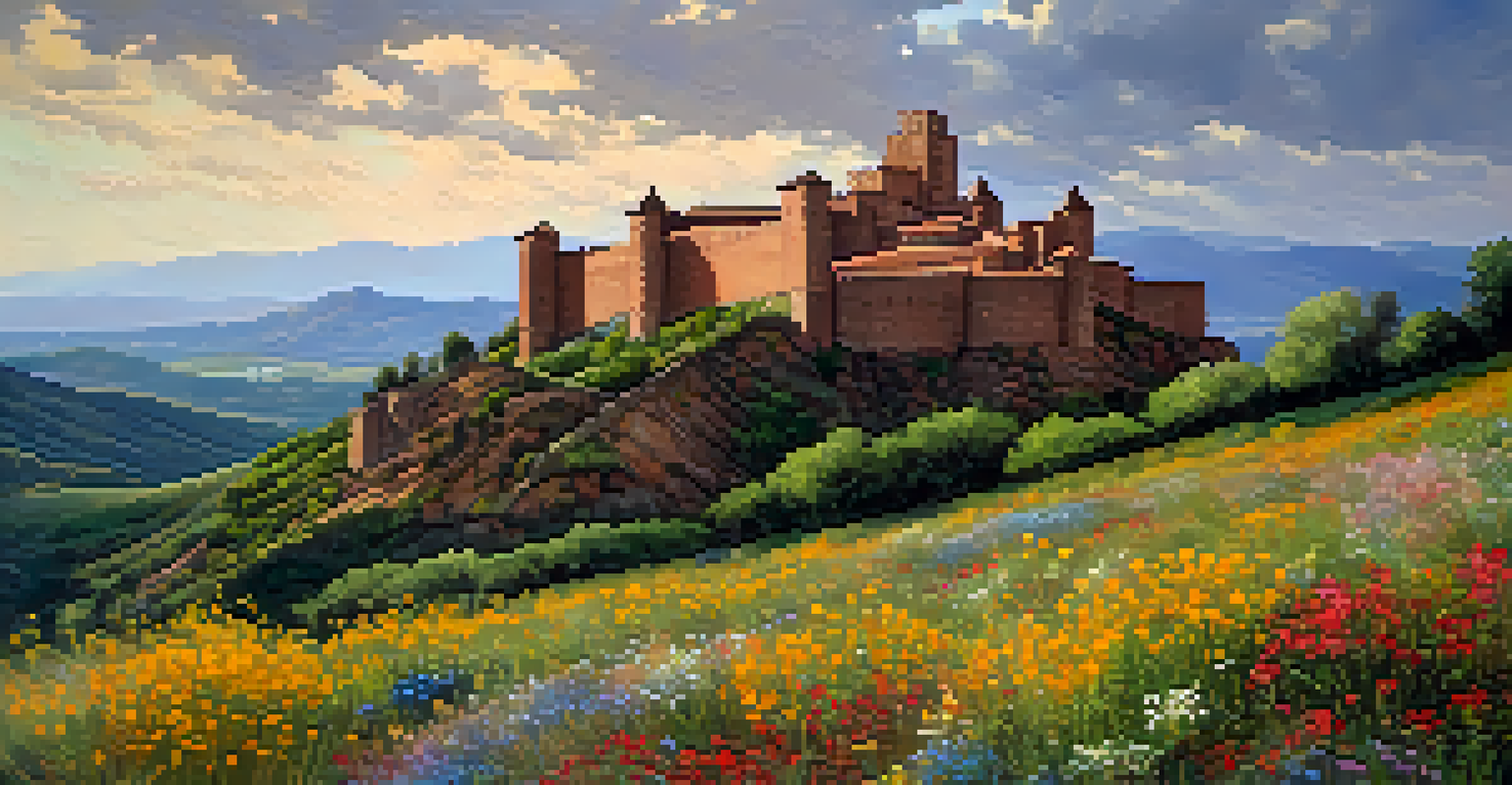 The Castillo de Cardona, featuring its walls and spires, set against a dramatic sky and blooming wildflowers.