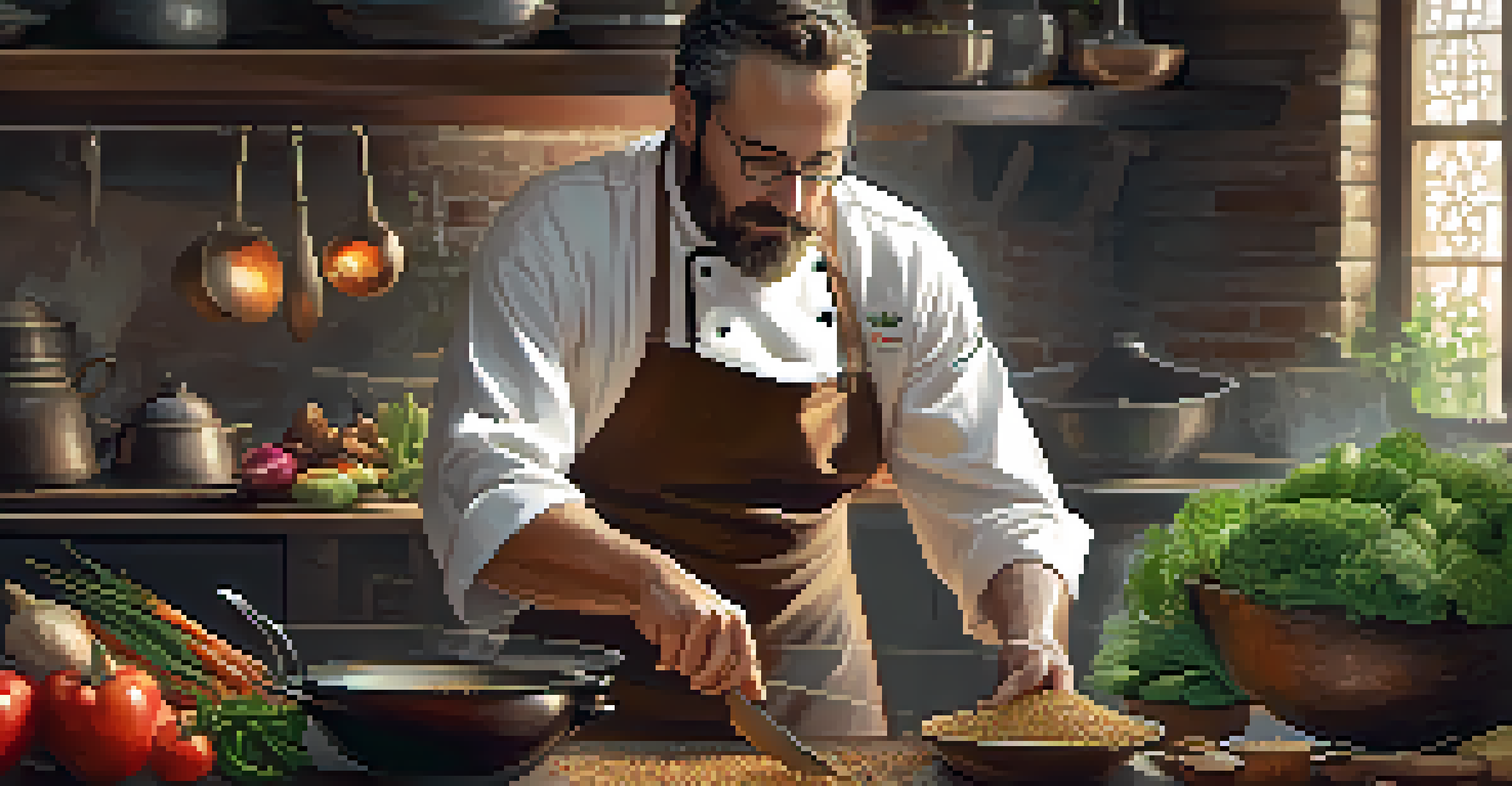 A chef cooking with ancient techniques in a modern kitchen, surrounded by fresh ingredients.