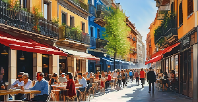 A lively street in Malasaña, Madrid, featuring colorful street art, outdoor cafes, and vintage shops with people enjoying their time.