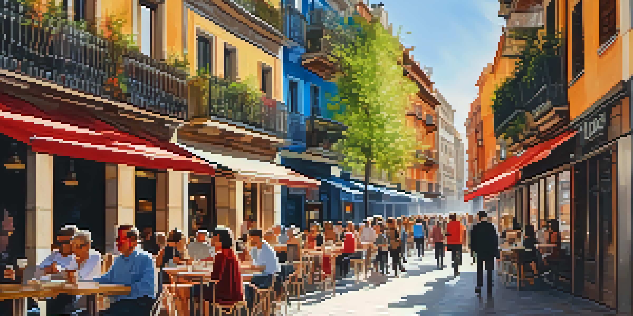 A lively street in Malasaña, Madrid, featuring colorful street art, outdoor cafes, and vintage shops with people enjoying their time.