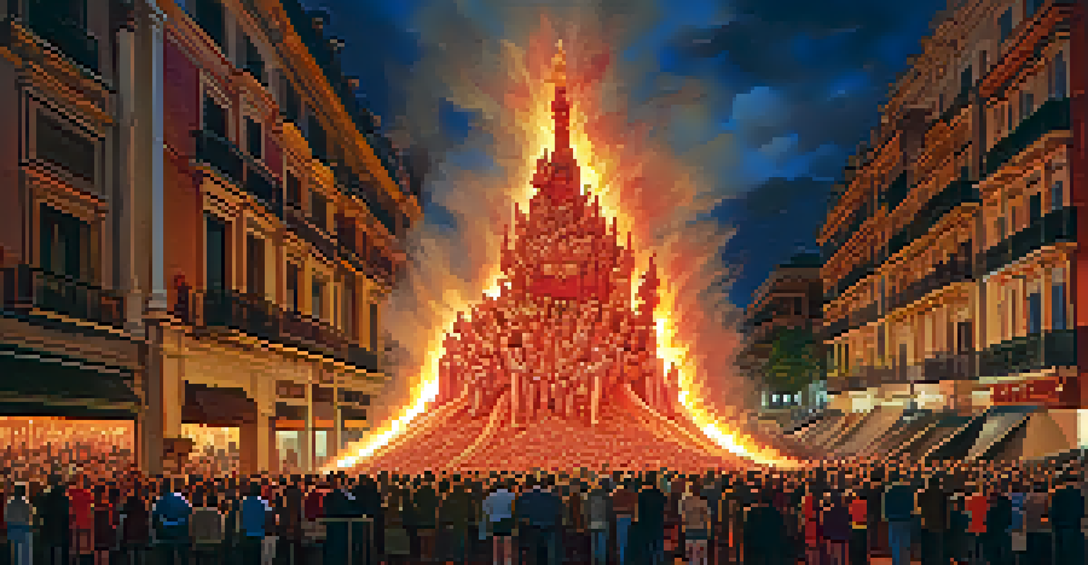 A dramatic scene of a falla sculpture on fire at Las Fallas festival, with spectators watching in awe.