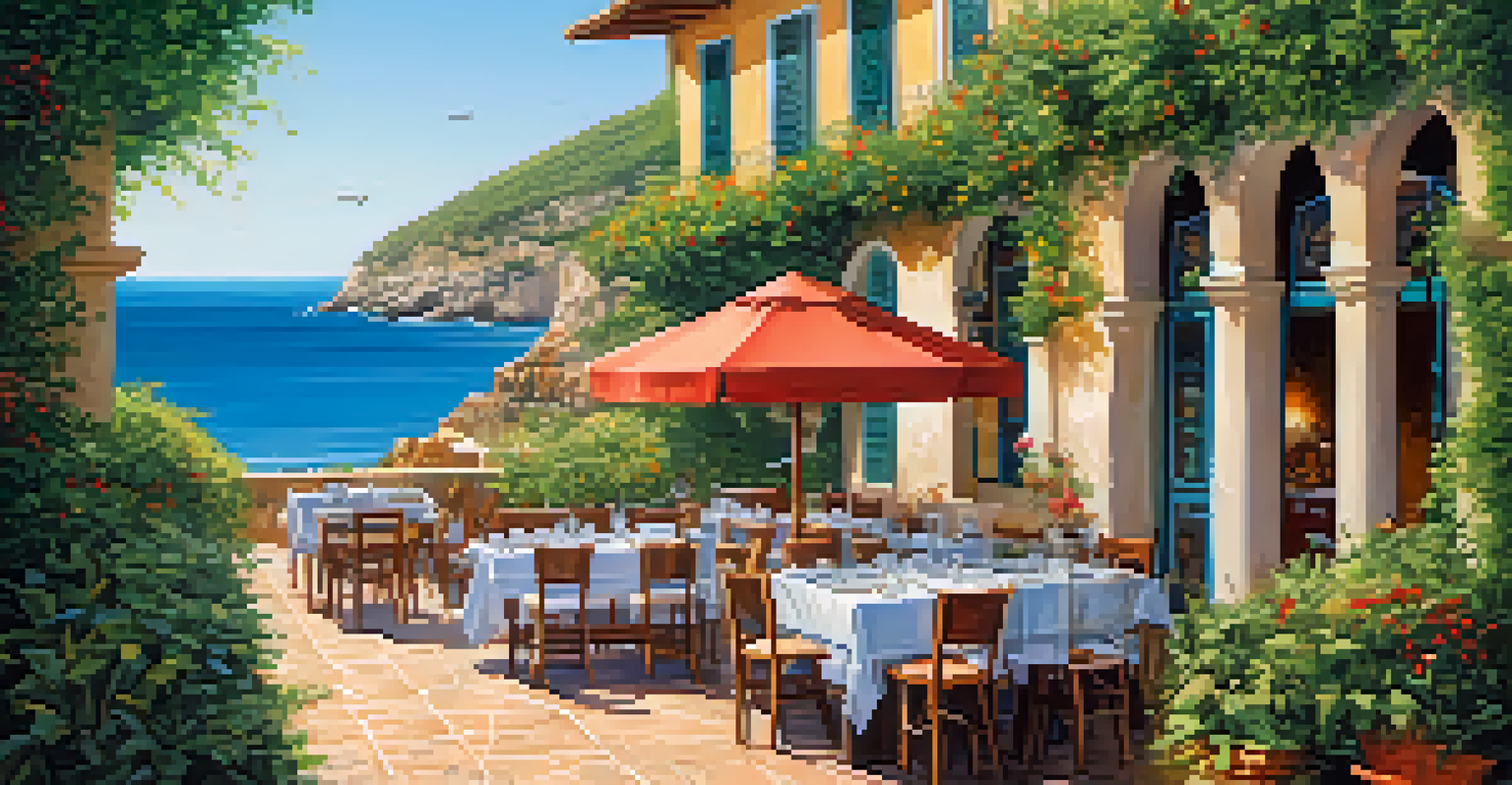 An outdoor dining area at a coastal restaurant in Spain, featuring local dishes and ocean views.