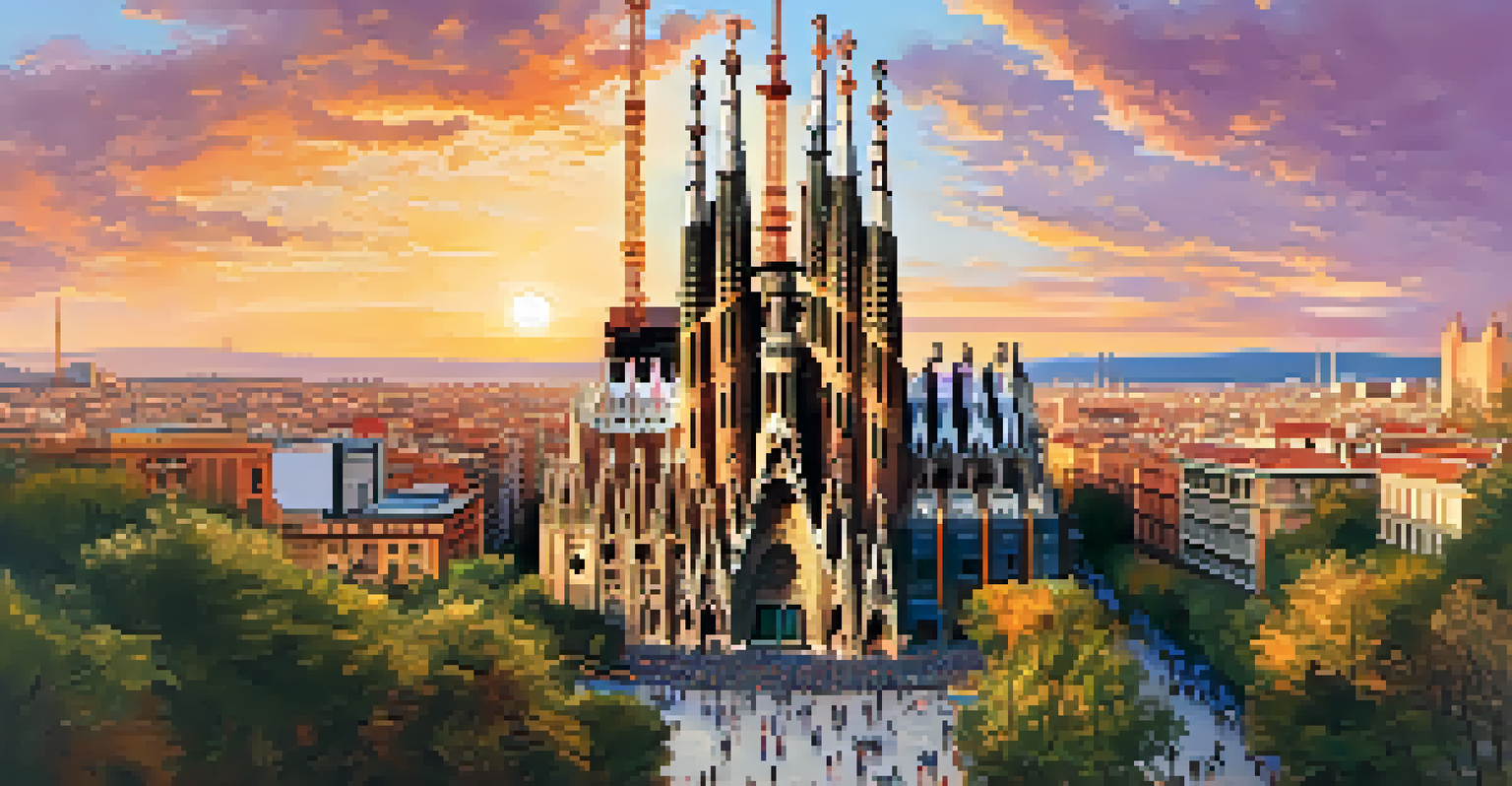 A panoramic view of the Sagrada Família at sunset, highlighting its intricate architecture and vibrant sky.