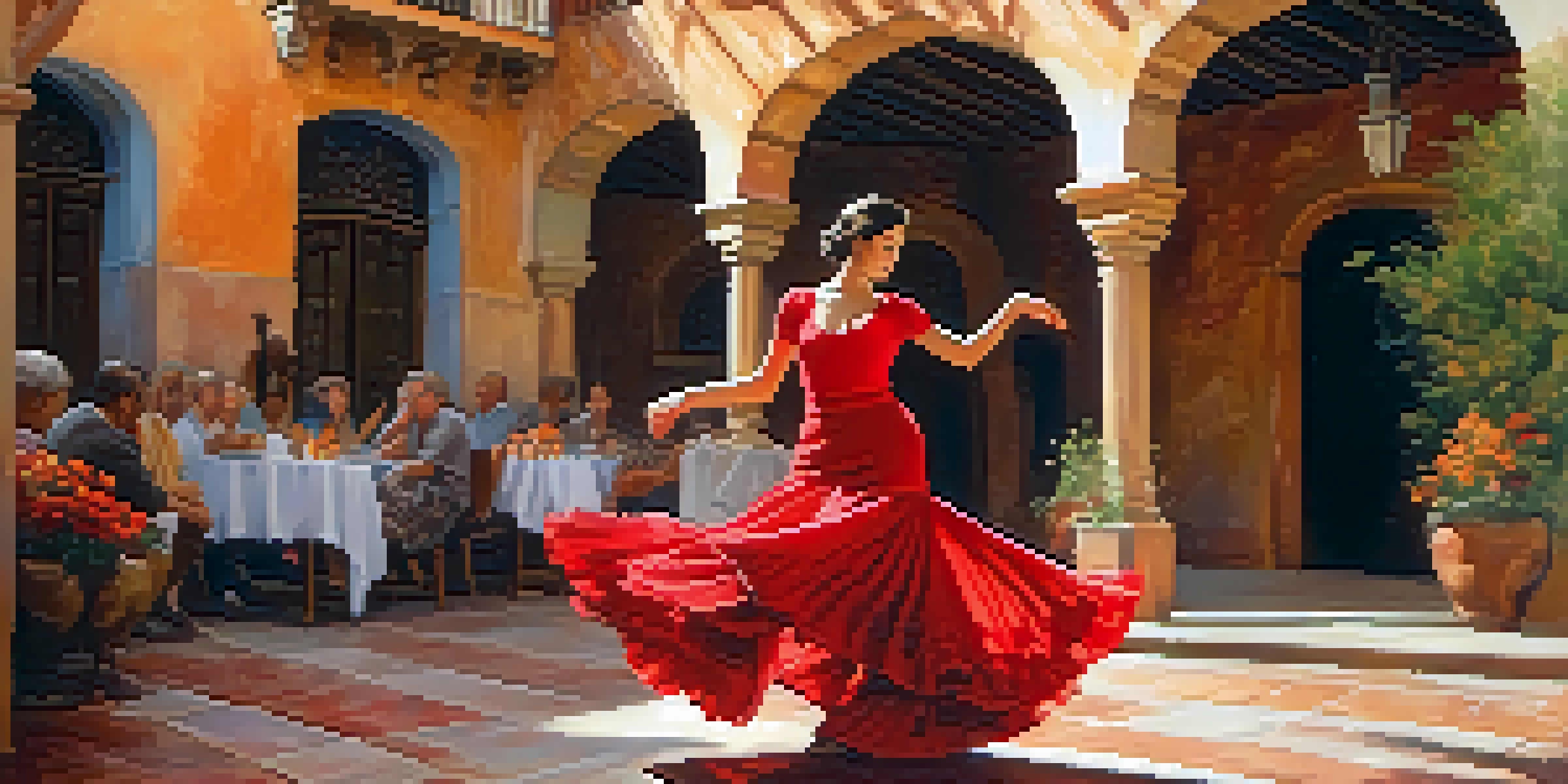 A woman in a red dress performing flamenco dance in a beautifully lit Spanish courtyard with colorful tiles and flowers.