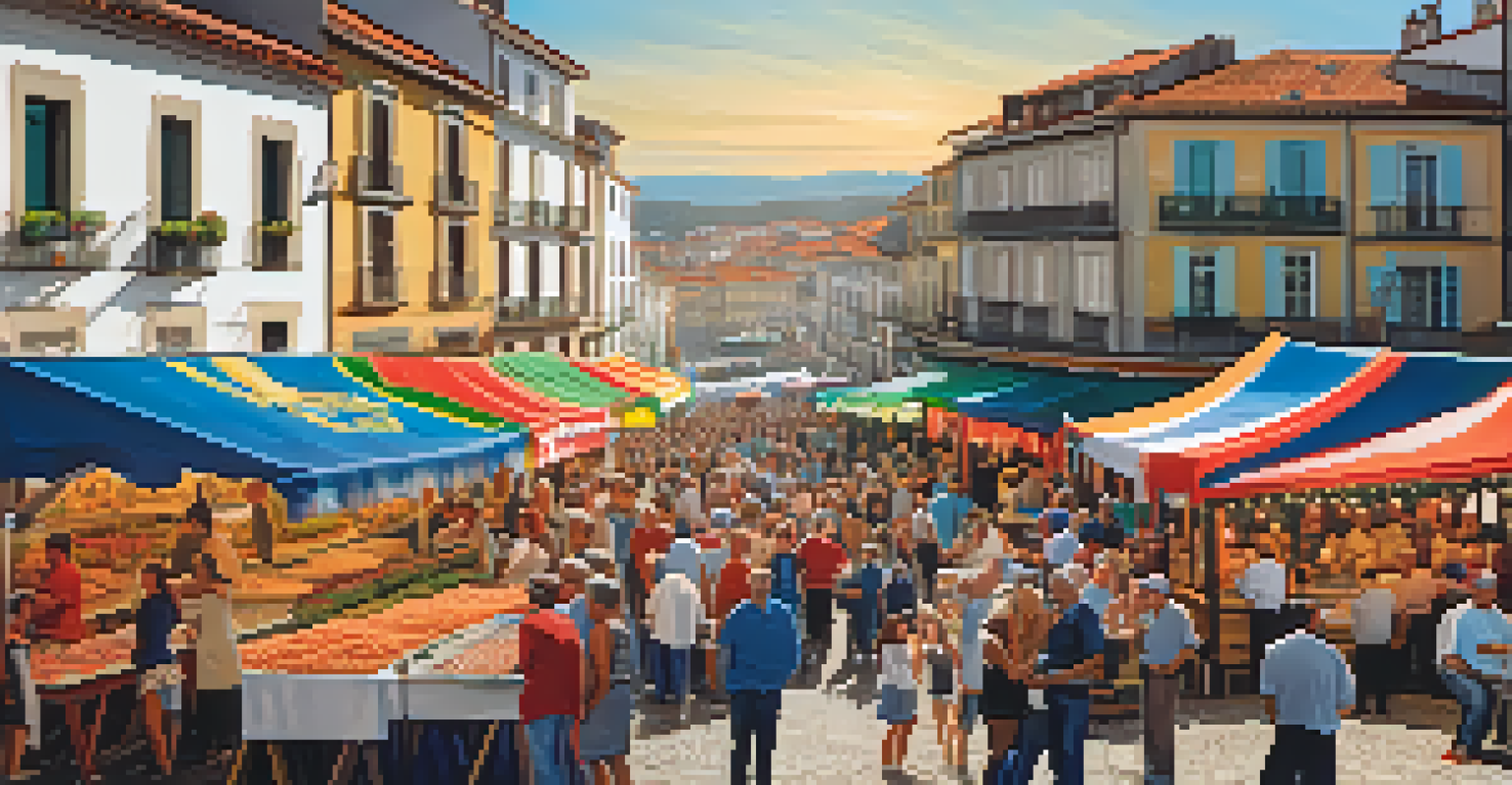 A seafood festival scene in Galicia with colorful stalls, people enjoying seafood dishes, and live music performances.