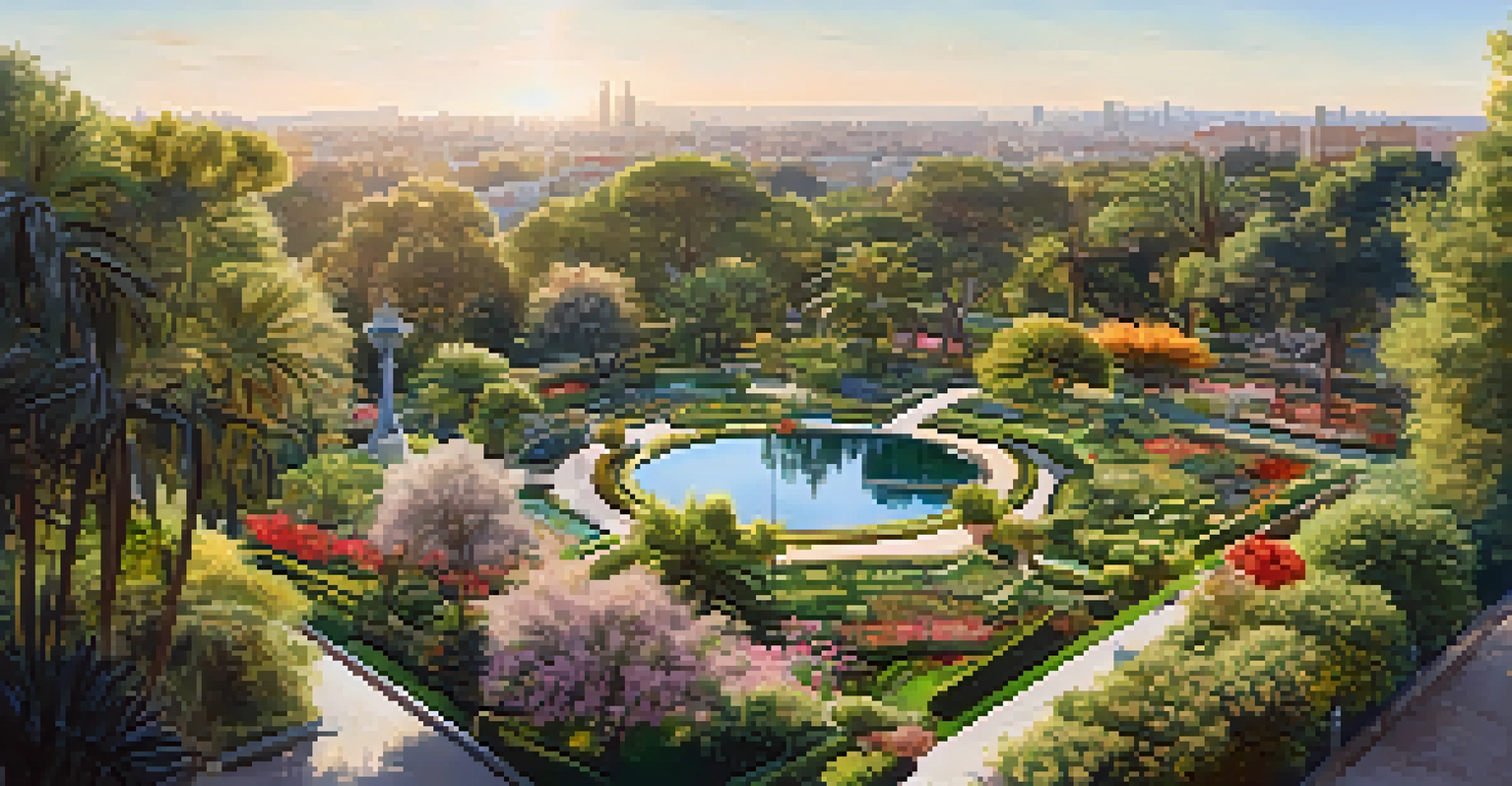An aerial view of the Royal Botanic Garden, showcasing its diverse plant sections and beautiful layout with ponds and paths.
