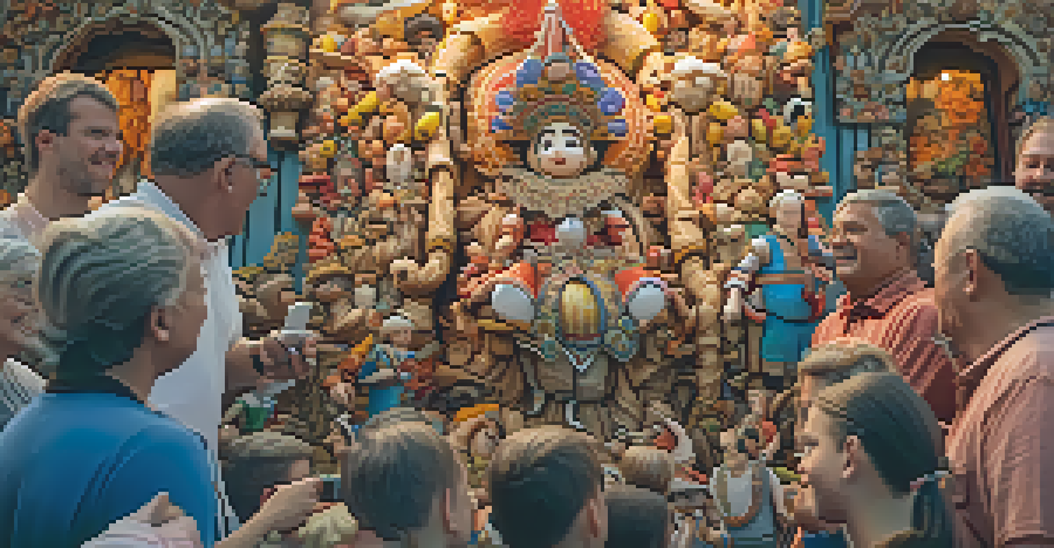 A close-up of a colorful falla sculpture at Las Fallas festival, showcasing intricate details and people admiring it.