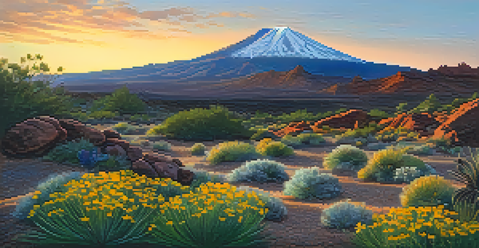 A sunset view of Teide National Park highlighting volcanic rock formations and Mount Teide in the background.