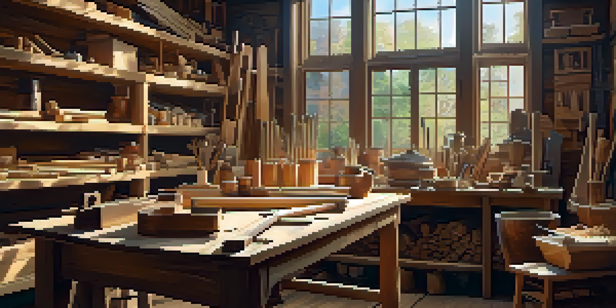 A warm and inviting woodworking workshop filled with tools and partially crafted wooden items, illuminated by sunlight from a window.