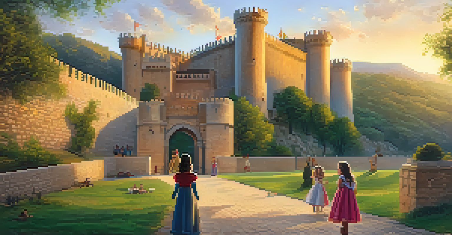 A whimsical scene of children playing at Castillo de Almodóvar during sunset.