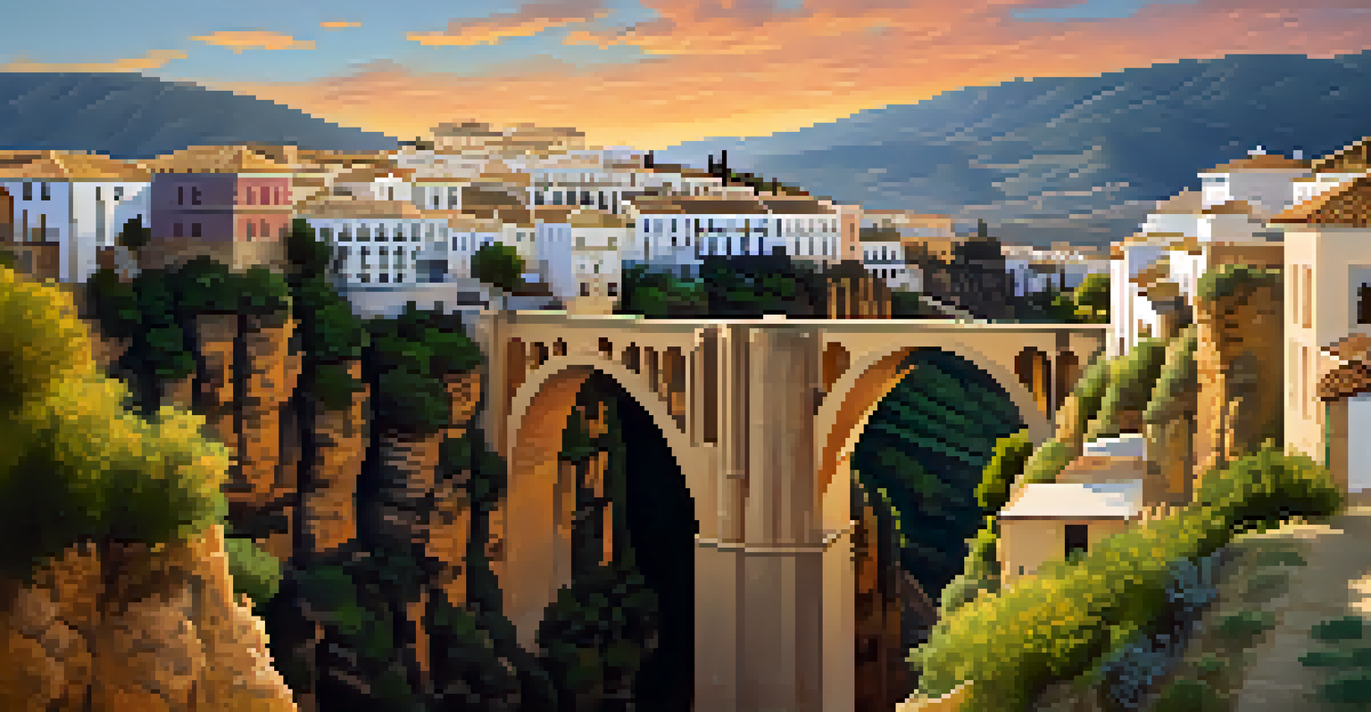 Aerial view of Ronda, showing white buildings, a gorge, and vineyards.