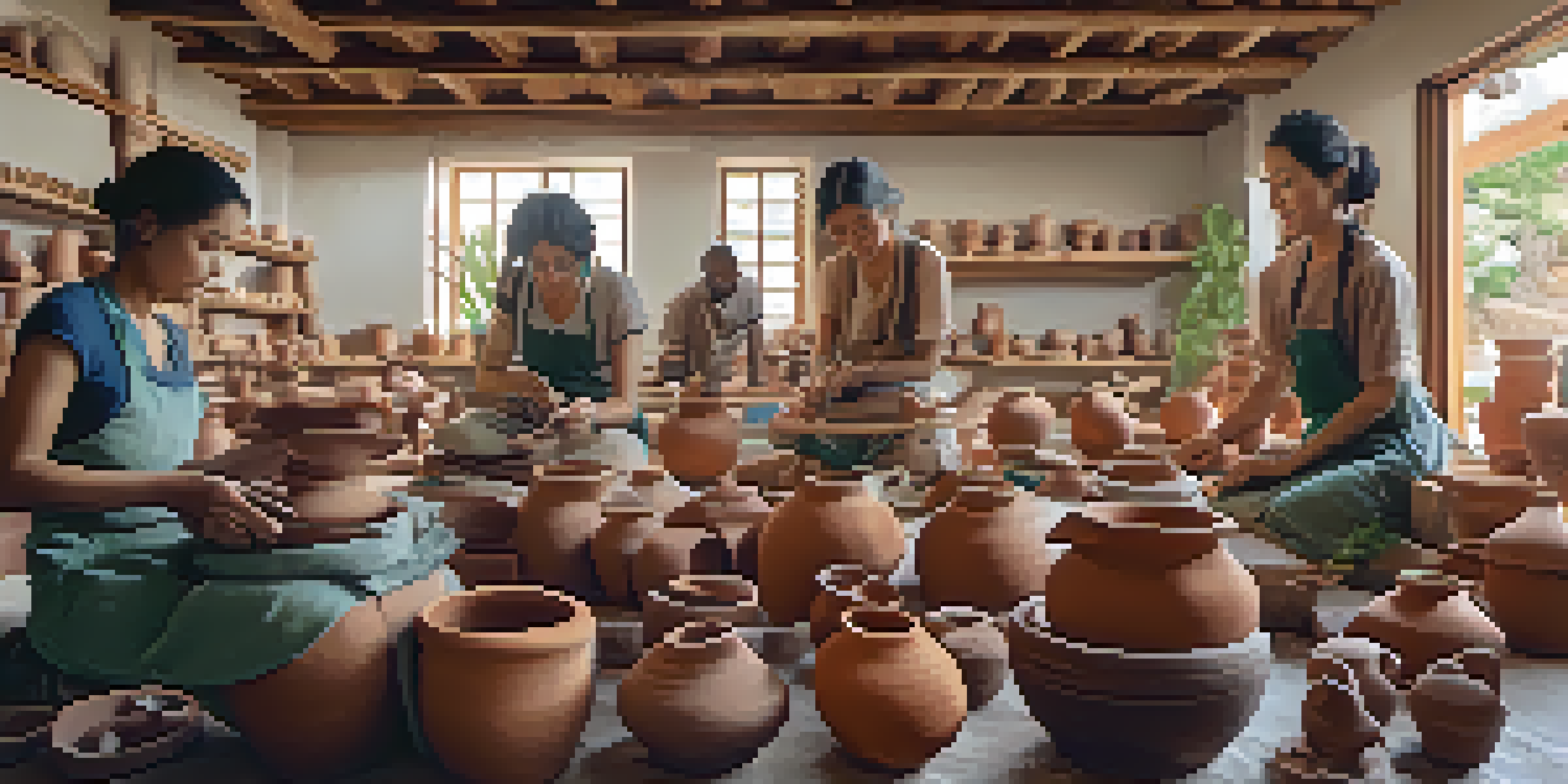 A diverse group of people engaged in pottery making in a bright, rustic workshop filled with clay pots and tools.