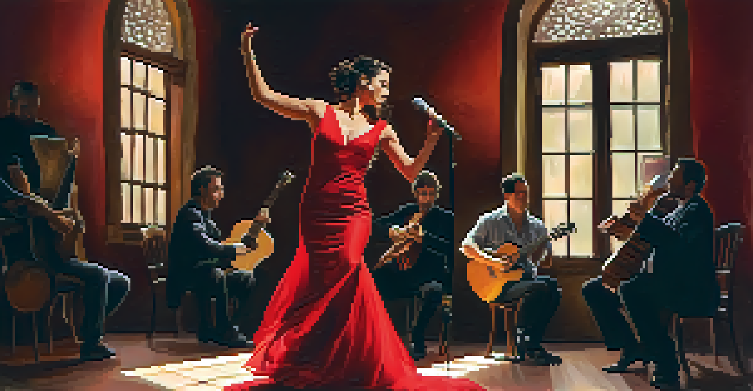 A Flamenco dancer in a red dress performing passionately, accompanied by a guitarist and singer, in a warm-lit cozy venue.