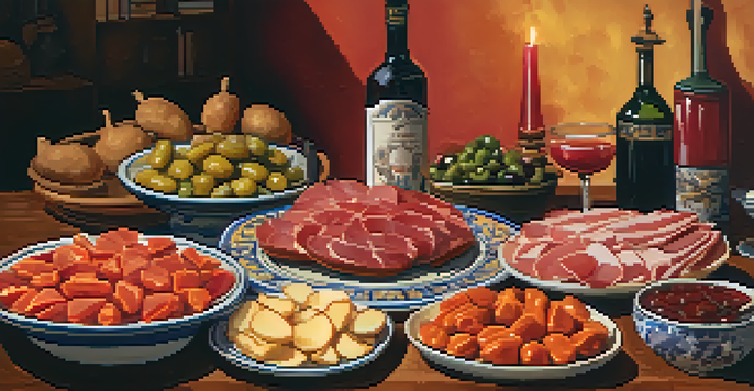 A variety of traditional Spanish tapas dishes on a wooden table, including patatas bravas and jamón ibérico, with warm lighting and rustic decor.