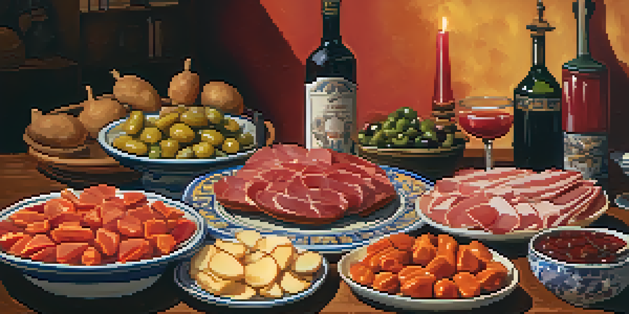 A variety of traditional Spanish tapas dishes on a wooden table, including patatas bravas and jamón ibérico, with warm lighting and rustic decor.