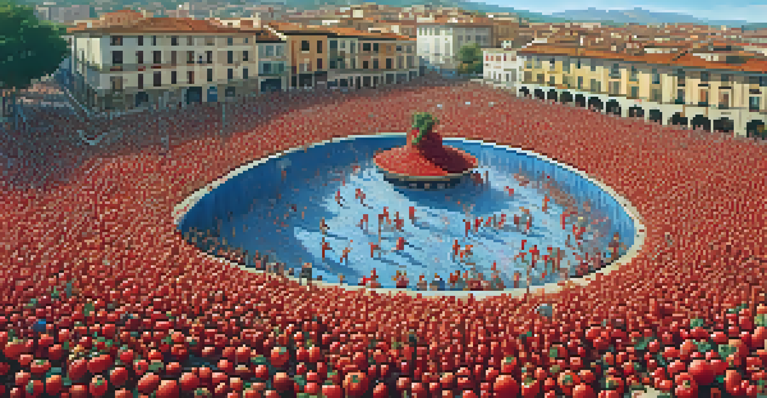 Aerial view of participants engaged in a vibrant tomato fight at La Tomatina festival.