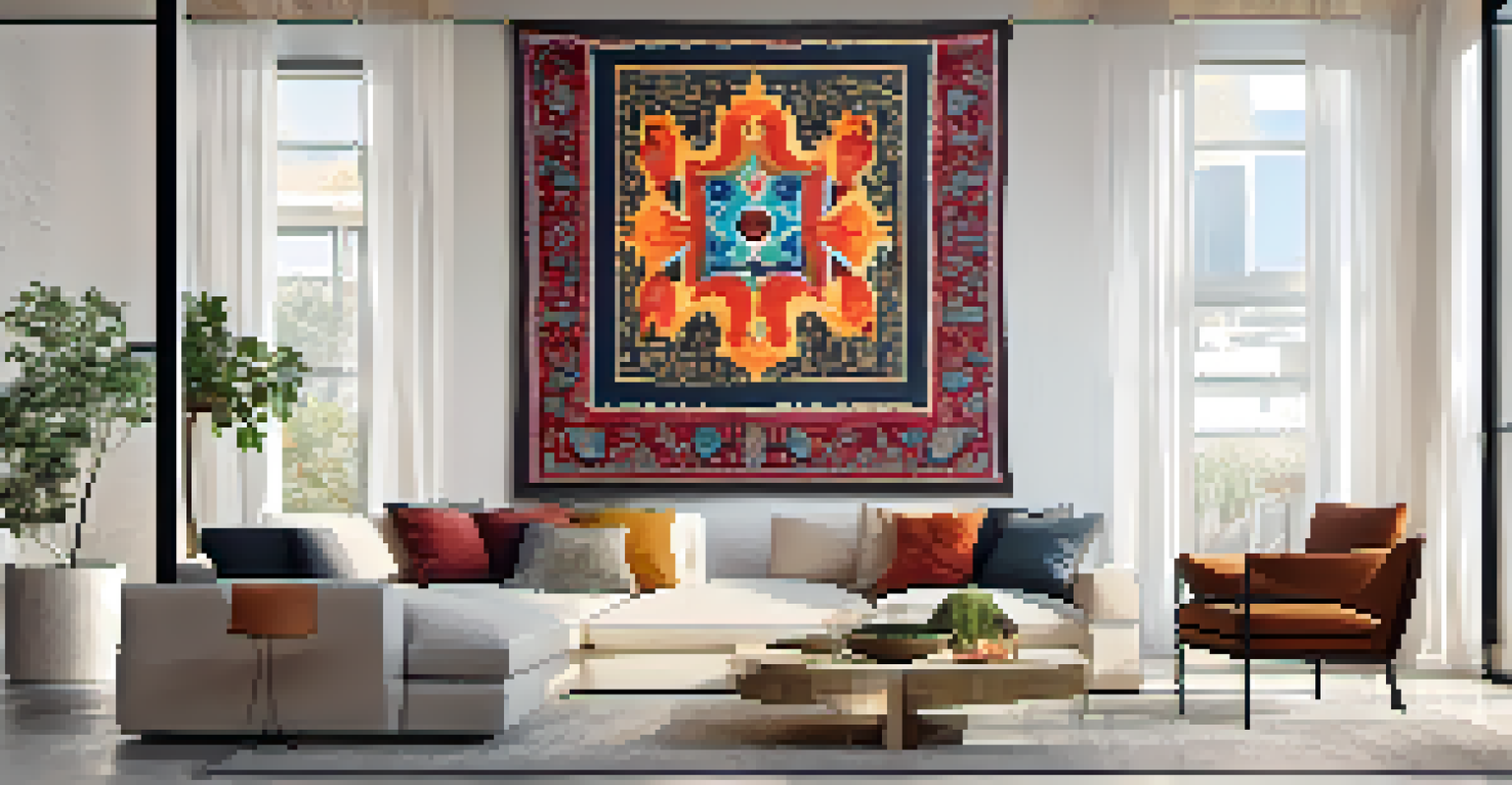 A contemporary Spanish tapestry with an abstract design hanging in a modern living room, illuminated by natural light.