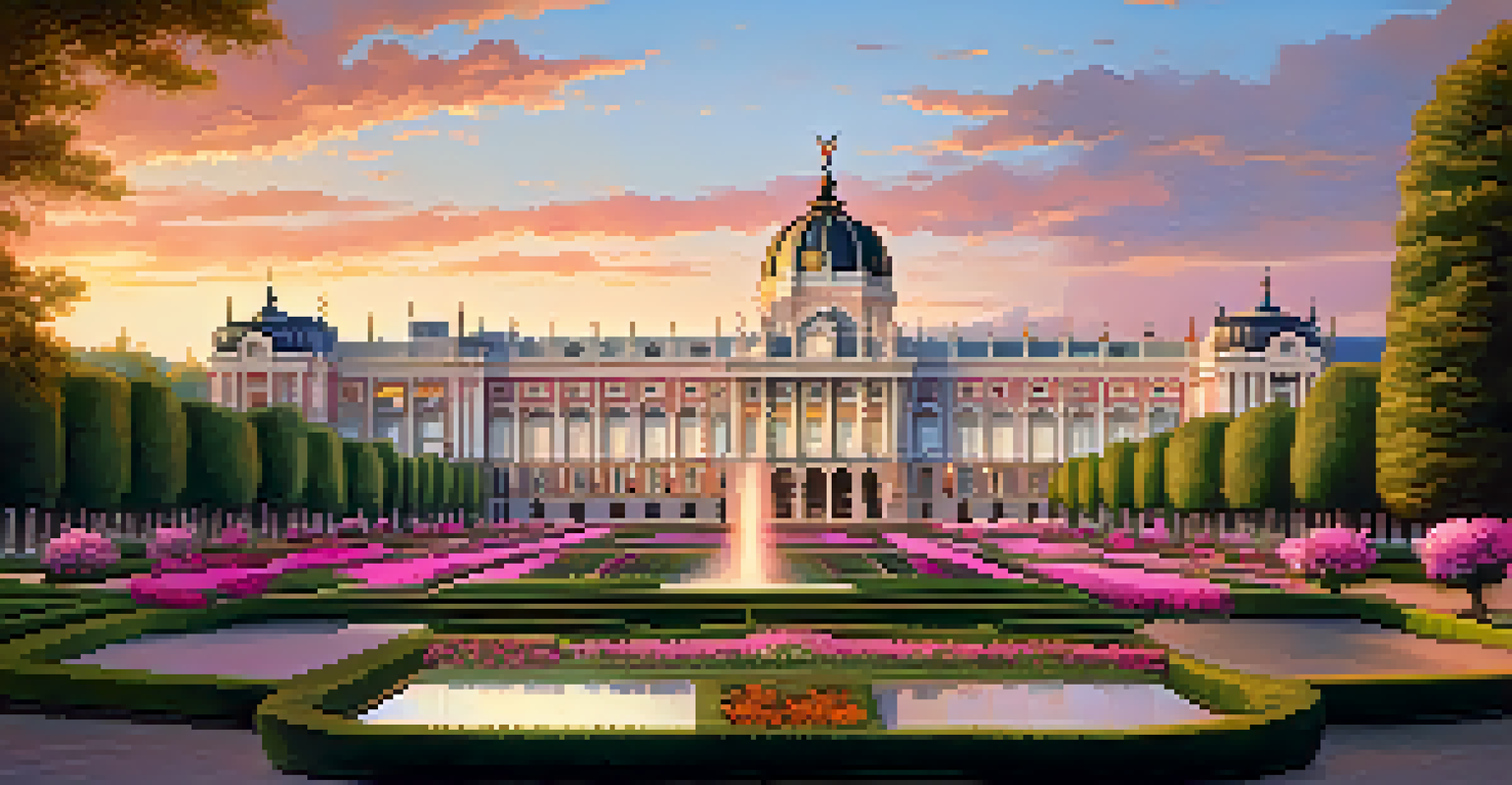 The Royal Palace in Madrid at sunset, surrounded by beautiful gardens and a colorful sky, with people walking in the foreground.