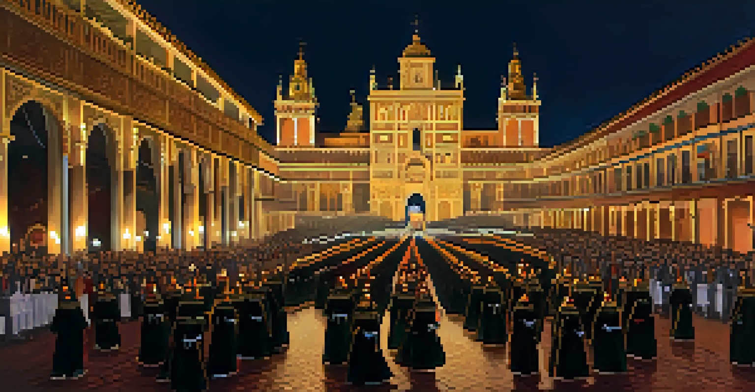 A solemn procession of Semana Santa with participants in traditional robes and beautiful floats.