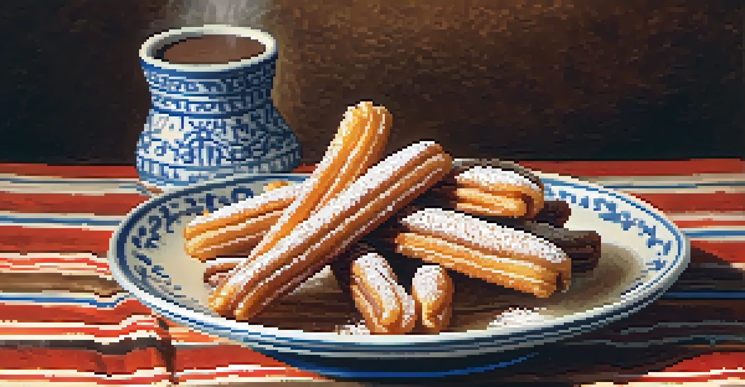 Close-up of churros with powdered sugar and chocolate dipping sauce on a ceramic plate, set on a rustic tablecloth.