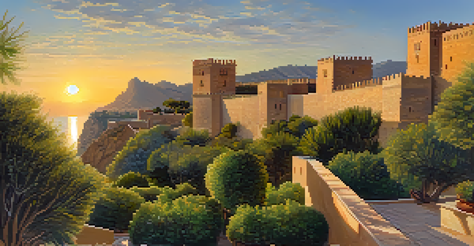 The Alcazaba of Almería at sunrise, showing the fortress with lush gardens and the Mediterranean Sea in the background.