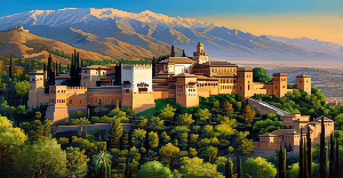 A wide-angle view of the Alhambra palace in Granada, featuring its ornate Islamic architecture and surrounding gardens under a bright blue sky.