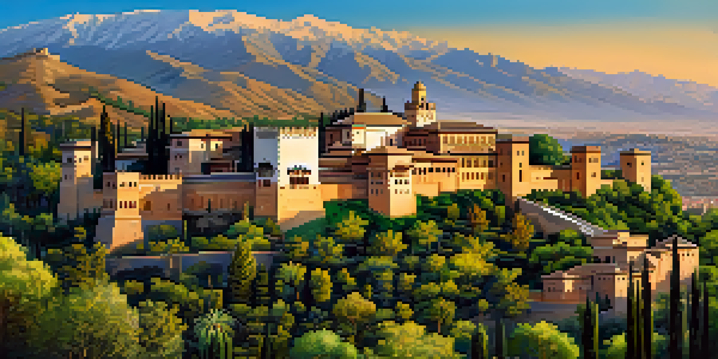 A wide-angle view of the Alhambra palace in Granada, featuring its ornate Islamic architecture and surrounding gardens under a bright blue sky.