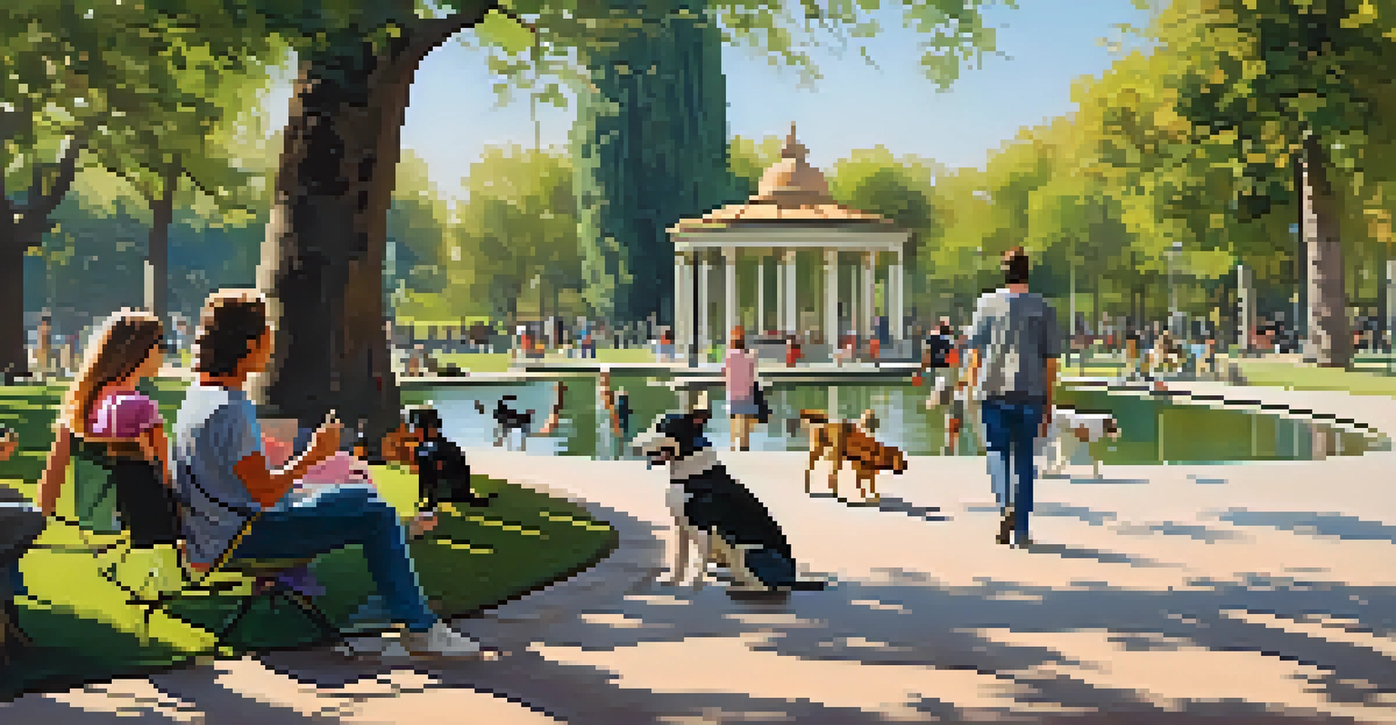 Dogs playing in a green park with trees and a lake in Barcelona.