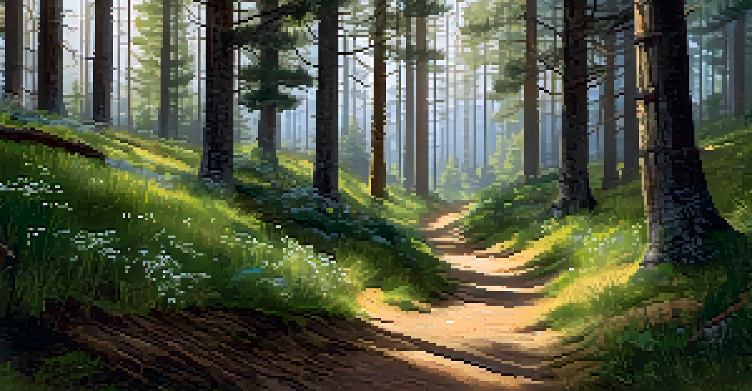 A tranquil forest trail with pine trees, wildflowers, and a sign about local wildlife.