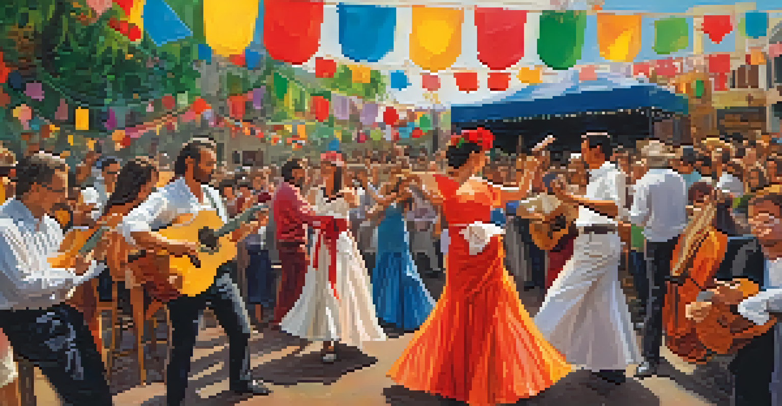 A lively outdoor flamenco performance with musicians and an audience enjoying the music.