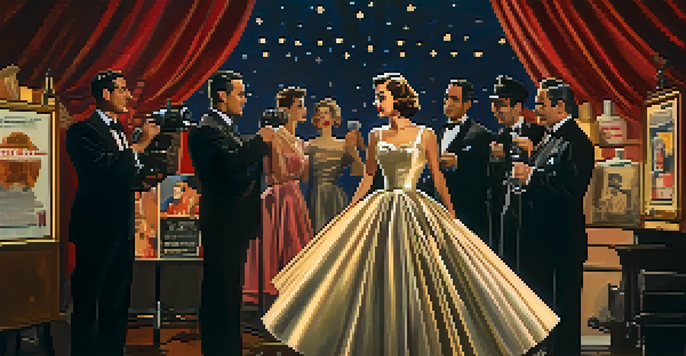 A vintage film set showcasing a glamorous actress from the 1950s and a director, with classic movie posters and warm lighting.