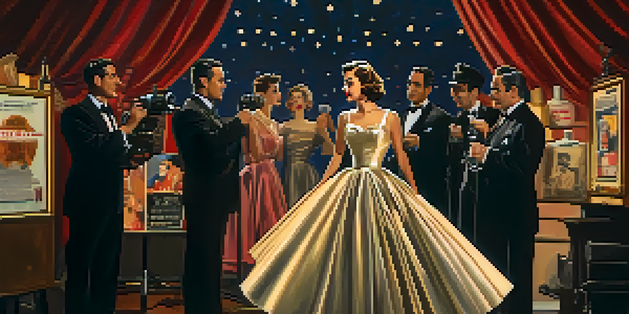 A vintage film set showcasing a glamorous actress from the 1950s and a director, with classic movie posters and warm lighting.