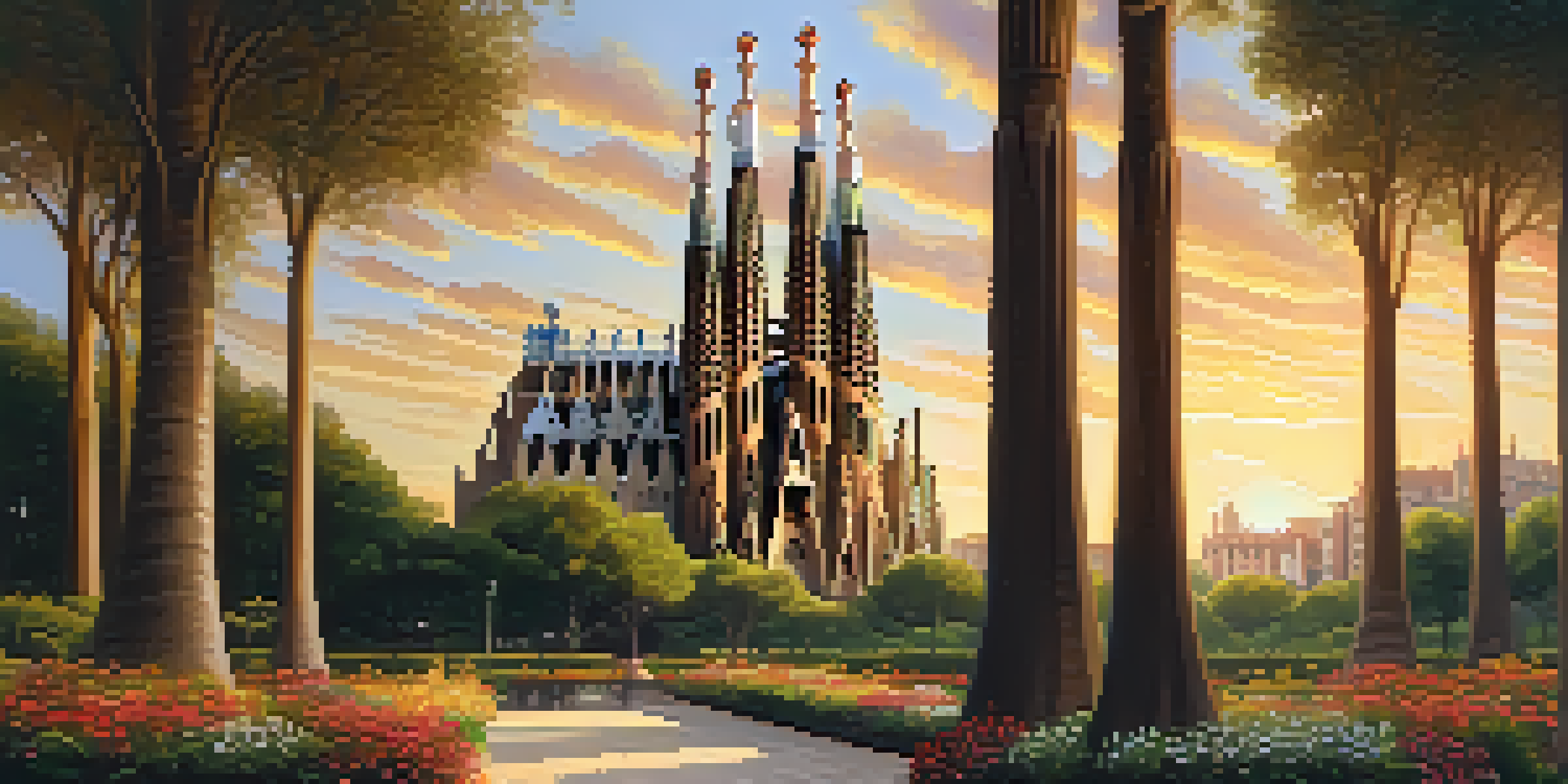 A picturesque scene of the Sagrada Familia at sunset, with illuminated spires and intricate facades surrounded by blooming flowers.