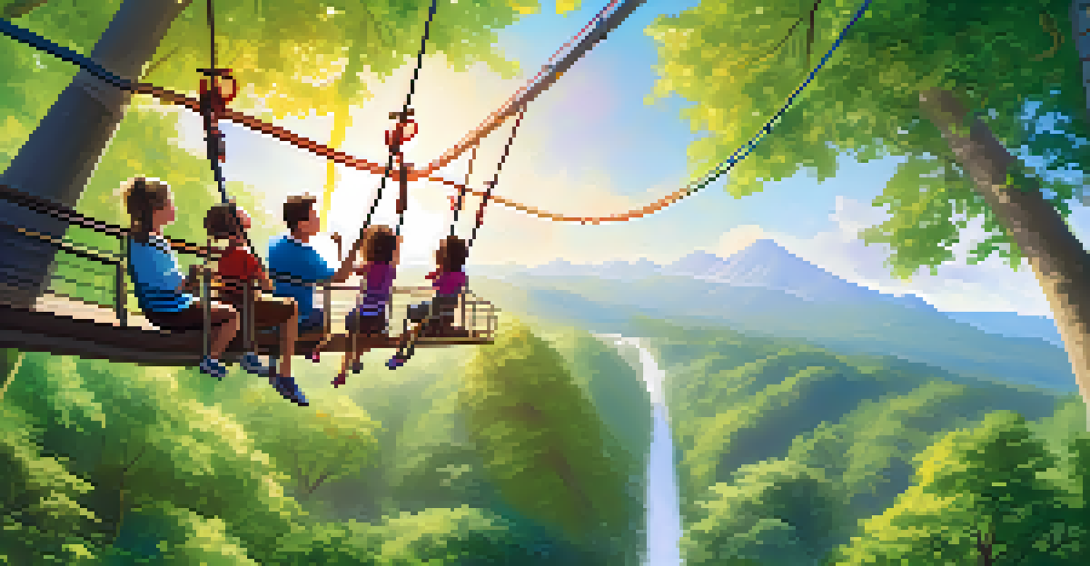 A family zip lining through a forest, with children smiling and parents cheering from a platform.