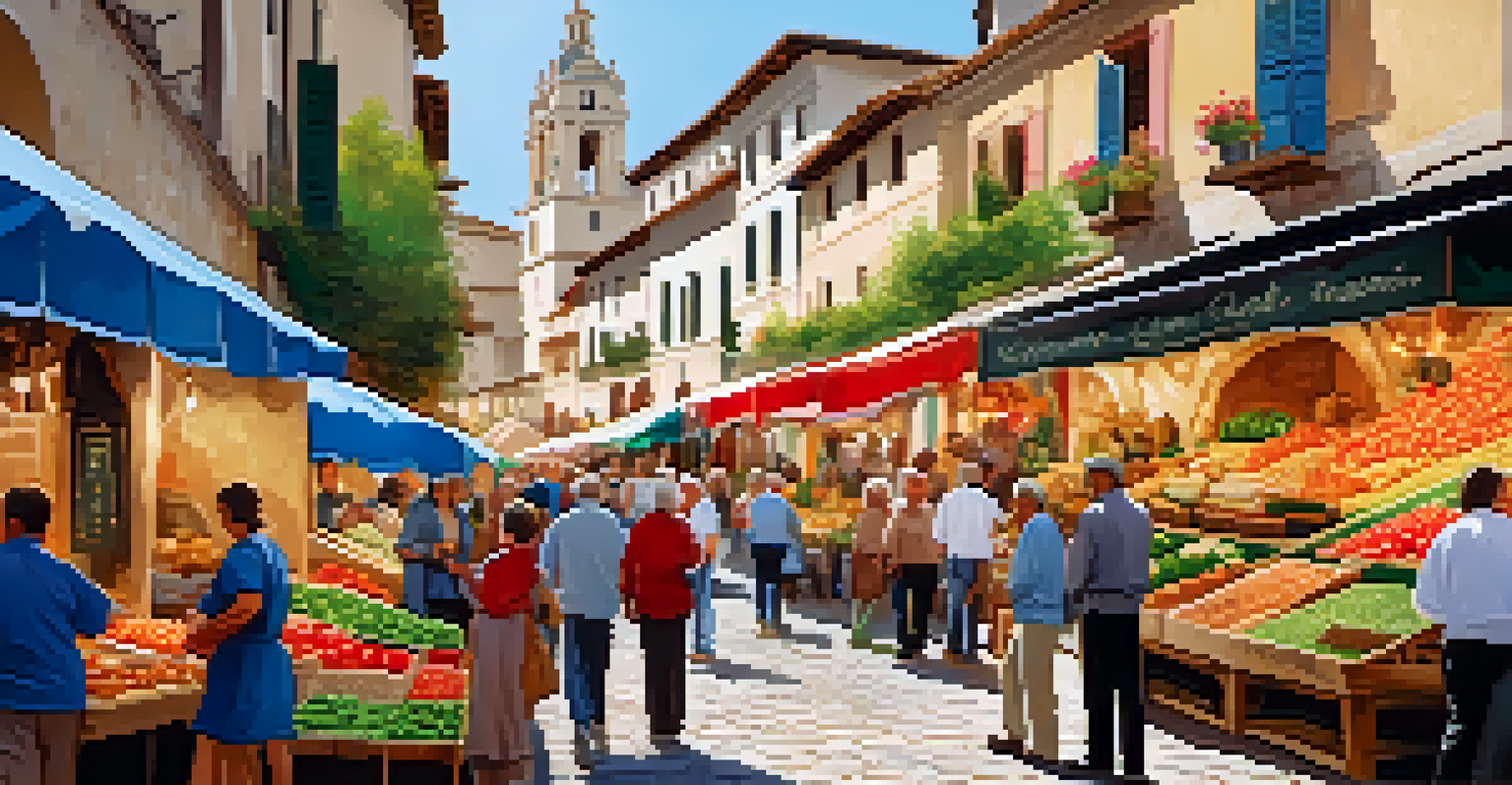 A vibrant local market in a Spanish village with colorful stalls and shoppers interacting with friendly vendors.