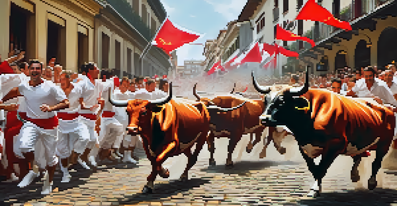 Participants running alongside bulls in the streets of Pamplona during the San Fermín festival, with cheering crowds and festive attire.