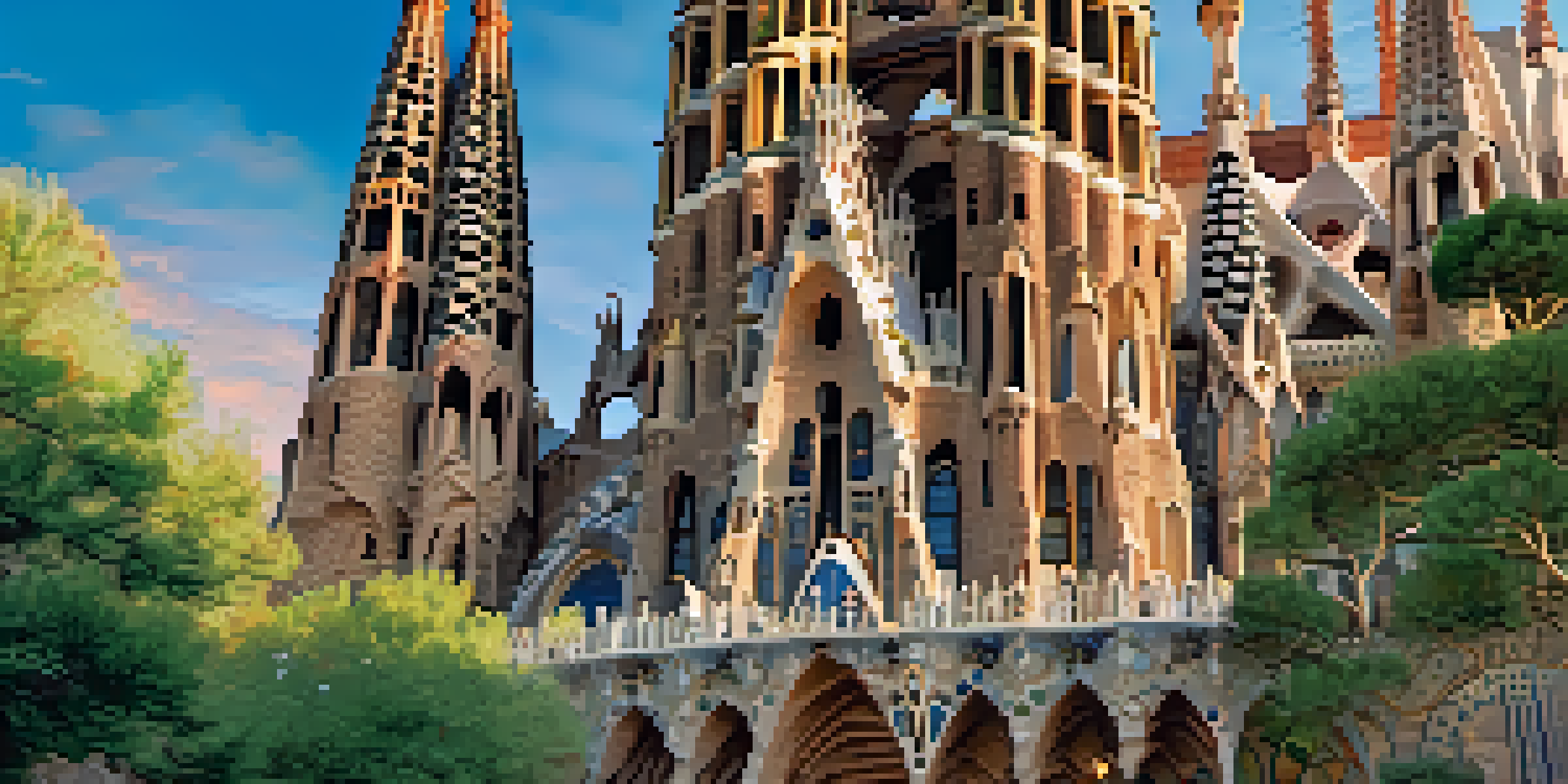 A beautiful view of the Sagrada Família with detailed facades and colorful flowers in the foreground, illuminated by the golden hour light.