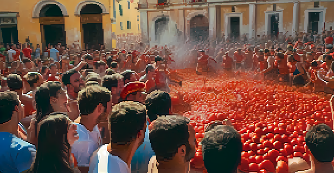 A lively tomato fight during La Tomatina in Buñol, showcasing participants in playful chaos.