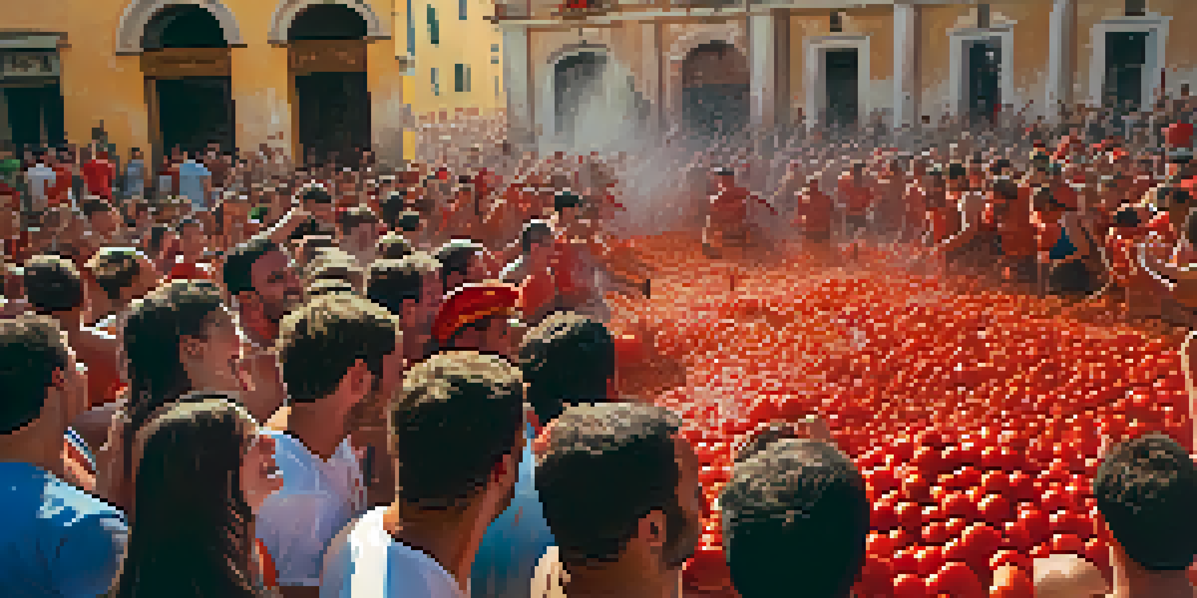 A lively tomato fight during La Tomatina in Buñol, showcasing participants in playful chaos.