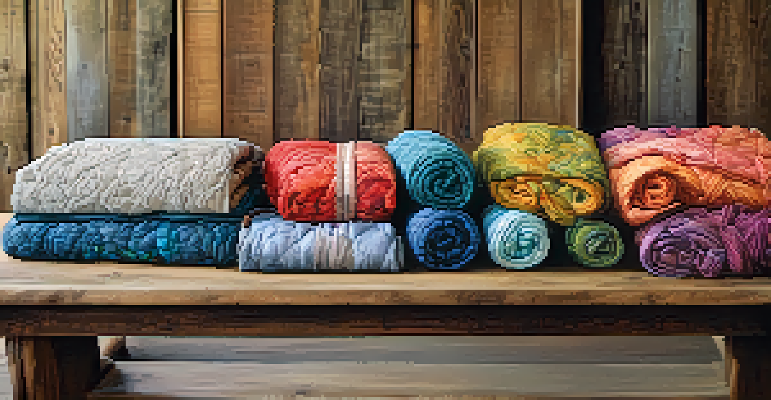 A collection of finished textile art pieces on a wooden table, featuring quilts, embroidery, and dyed fabrics.
