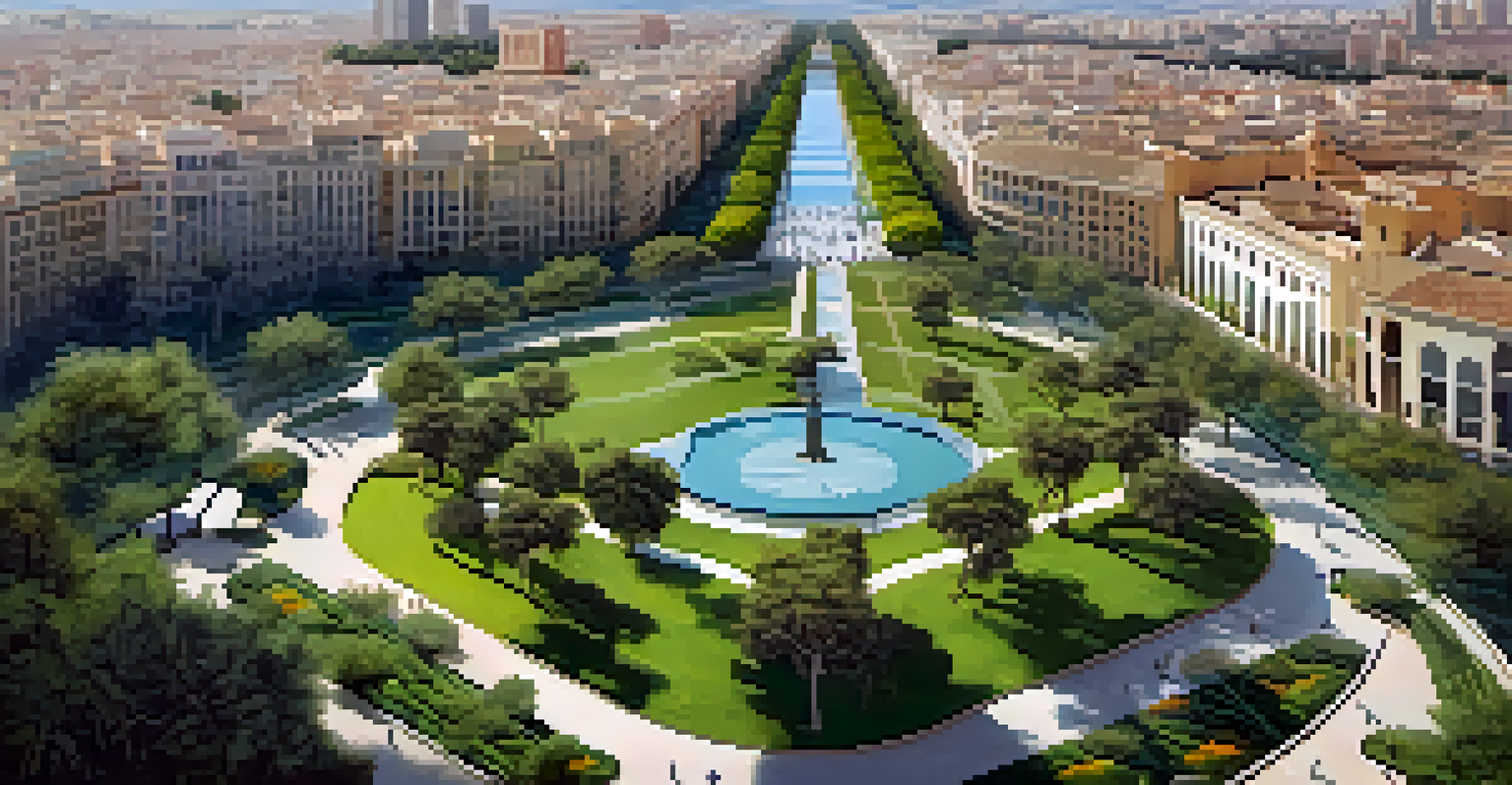 An aerial view of the Turia Gardens in Valencia, featuring lush greenery, pathways, and people engaging in recreational activities.