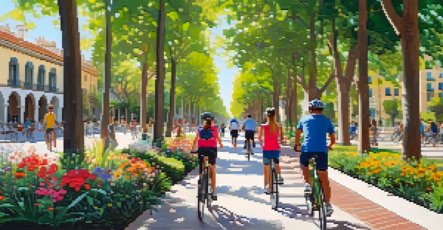 Family cycling on a sunny day in Valencia with green parks and modern buildings.