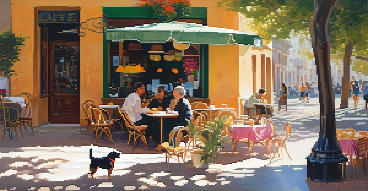 An outdoor café in Valencia with a dog resting next to its owner at a table of pastries and coffee.