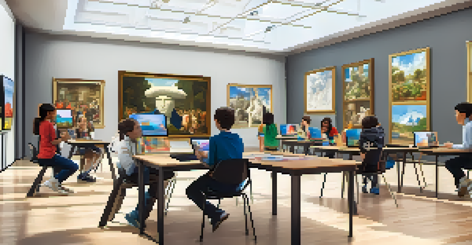 Students in a modern classroom participating in a virtual museum tour, discussing famous artworks displayed on screens.