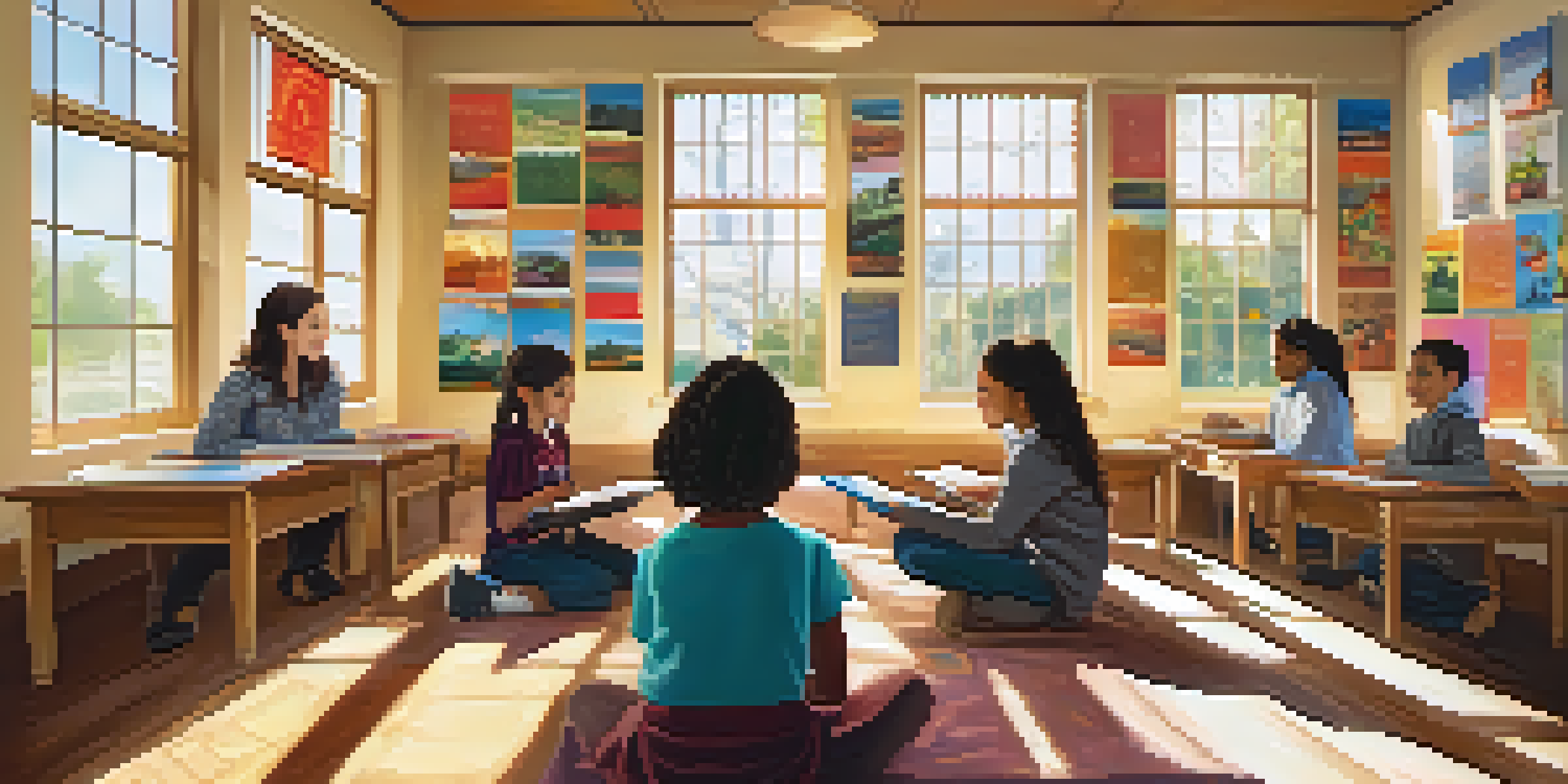 A bright classroom with diverse students learning Spanish, featuring educational posters and sunlight streaming through the windows.