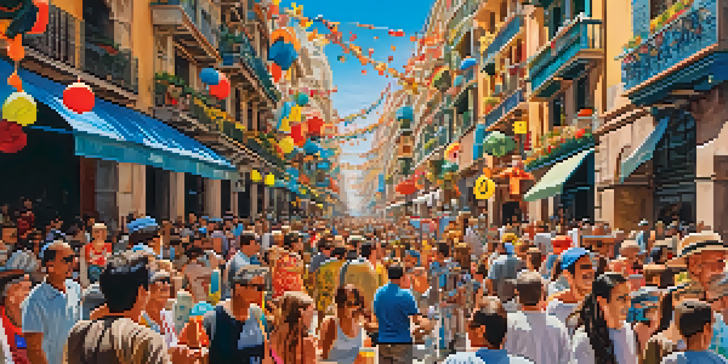 A lively street scene at the Fallas festival in Valencia, featuring large colorful sculptures and excited crowds.