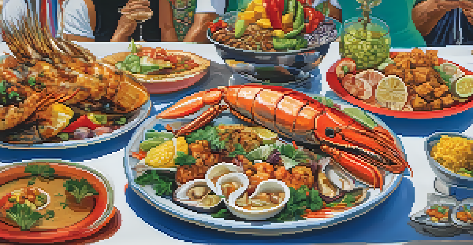 A close-up of a traditional dish at the San Juan Festival, showcasing grilled seafood and colorful side dishes with people enjoying food in the background.