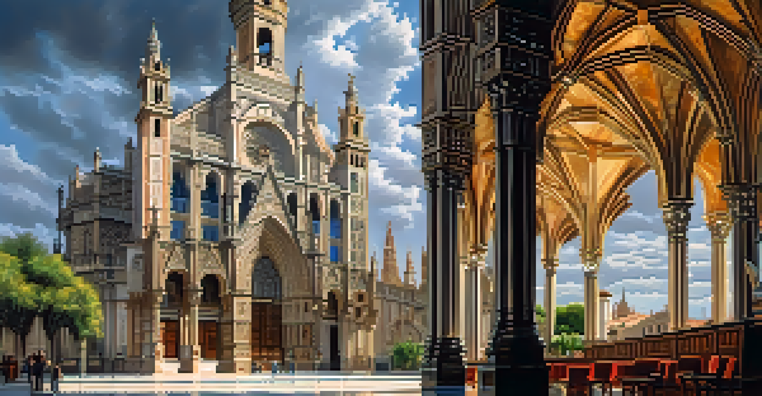 A stunning photograph of Seville Cathedral, featuring Gothic architecture and a dramatic sky, with sunlight illuminating the intricate stained glass windows.