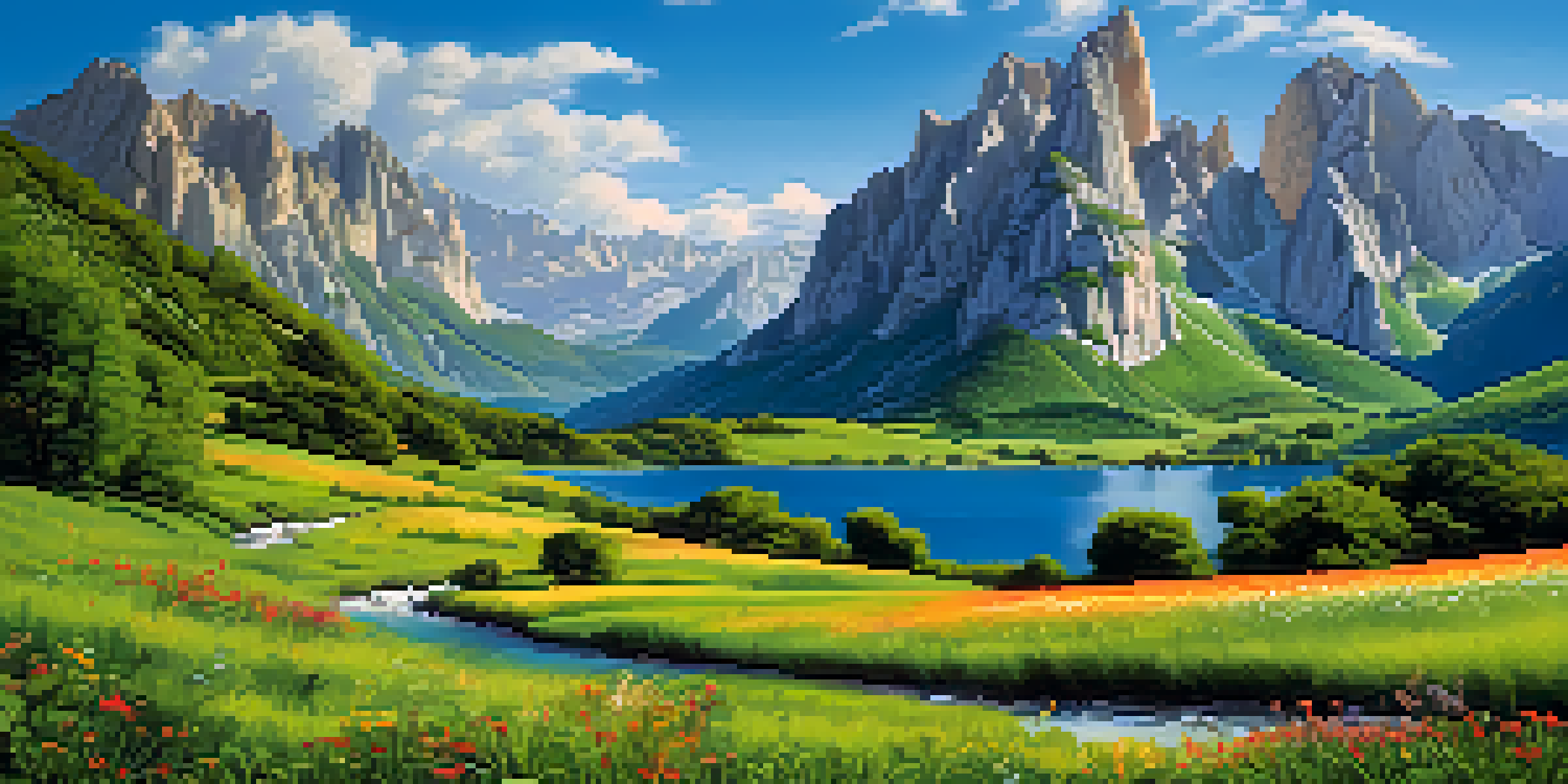 A scenic landscape of Picos de Europa National Park with towering limestone peaks, green meadows, and a glistening river.