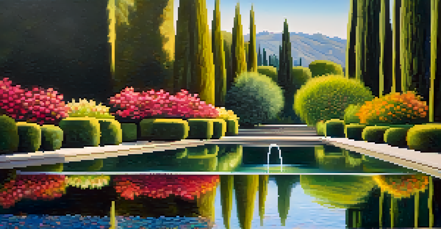 A close-up of a tranquil water feature in the Alhambra gardens, reflecting trees and flowers.